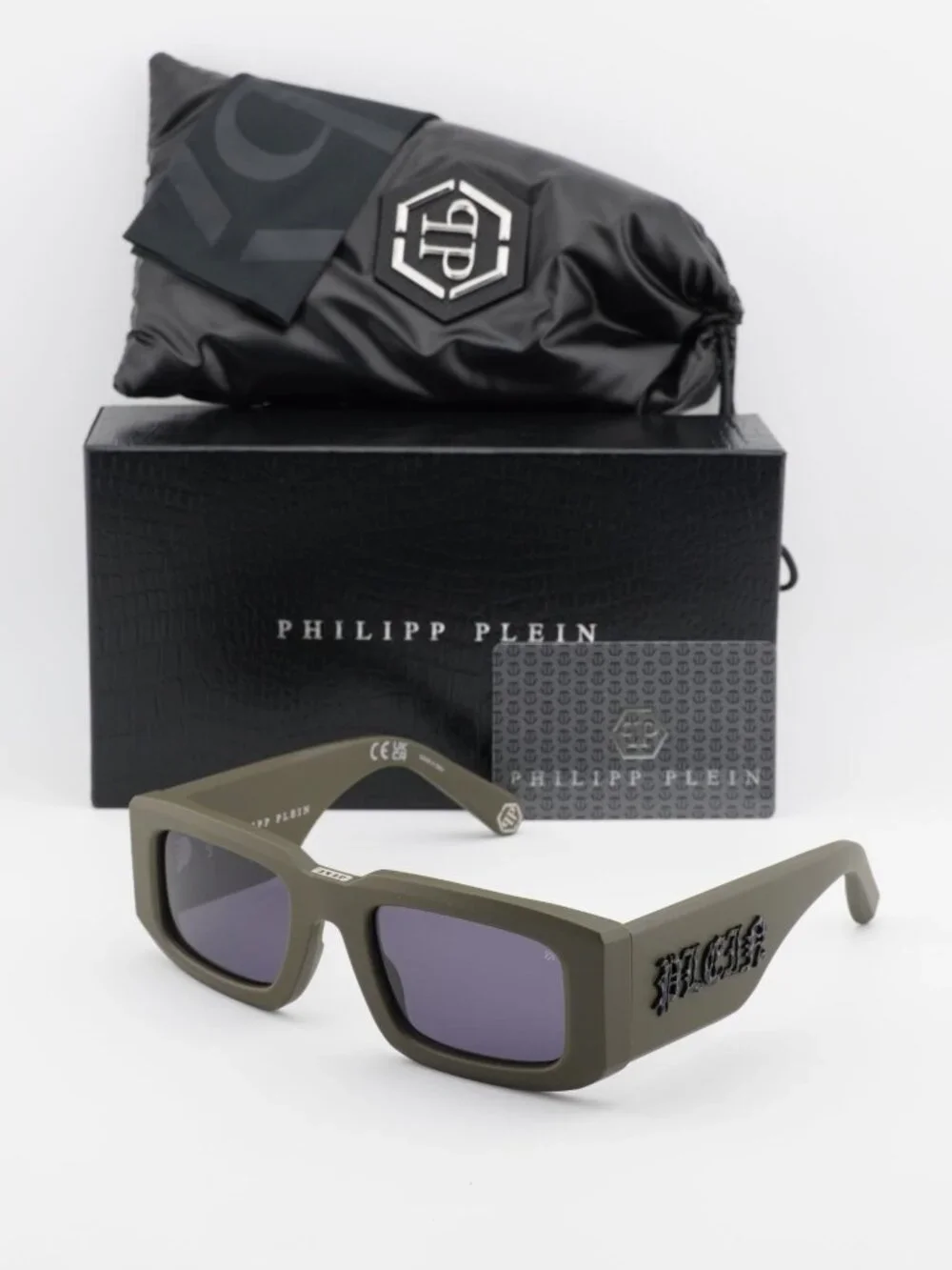 Philipp Plein SPP149 0C02 Unisex Sunglasses Green Rectangle Frame, Blue Lenses